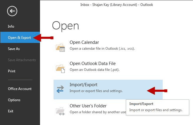 open-outlook-and-select-open-&-export-option